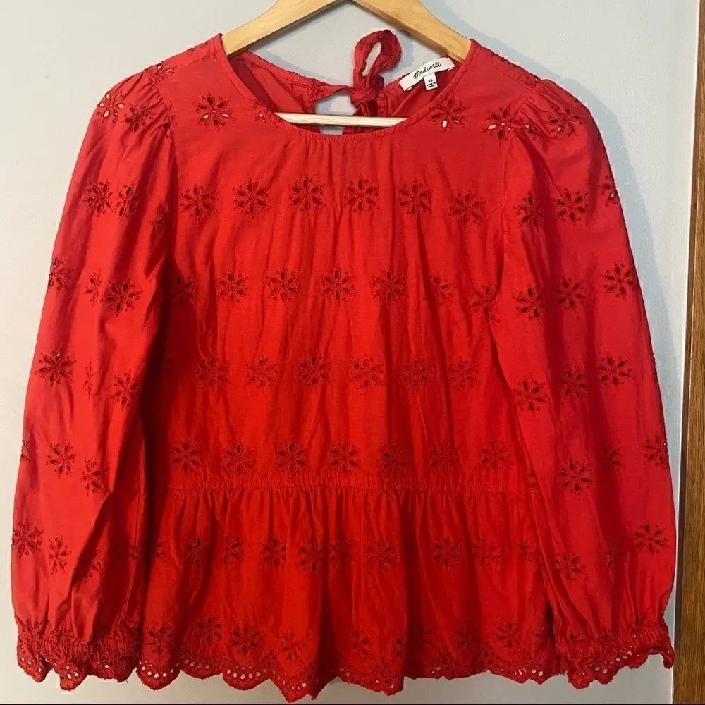 Madewell red Eyelet Keyhole Peplum Top